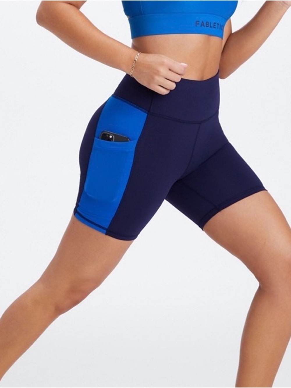 Fabletics Navy and Royal Blue High-Rise Bike Shorts with Side Pocket